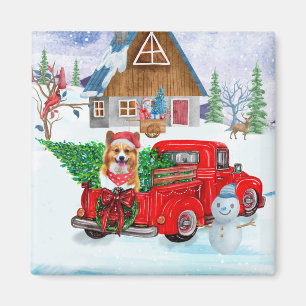Imán Perro Corgi en Camión de Entrega de Navidad Nieve
