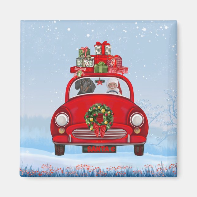 Imán Perro Dachshund en coche con Papá Noel  (Frente)