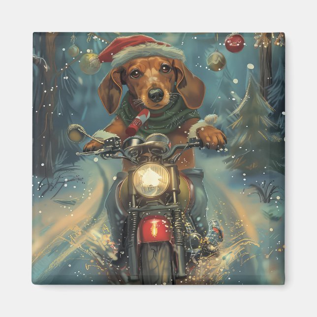 Imán Perro Dachshund montando motocicleta Navidad (Frente)