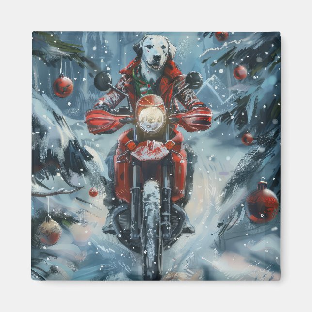 Imán Perro Dálmata Montando Motocicleta Navidad (Frente)