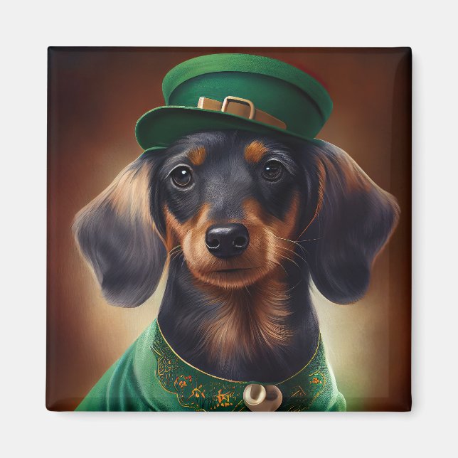 Imán Perro de Dachshund con vestido de San Patricio (Frente)