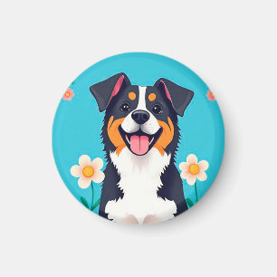 Imán Perro de Dibujos Animados Rodeado de Flores