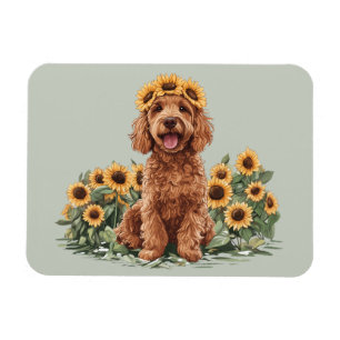 Imán Perro De Goldendoodle Con Una Corona De Girasol