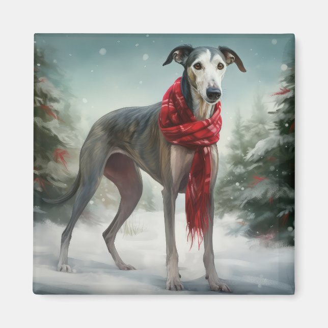 Imán Perro de Greyhound en Navidades de Nieve (Frente)