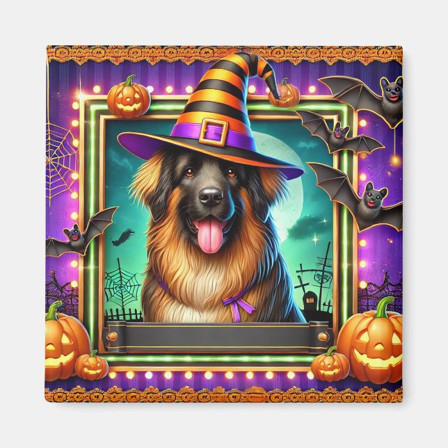 Imán Perro de Halloween con sombrero de bruja (Frente)