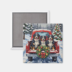 Imán Perro de montaña bernés Navidad Camión Rojo Fiesta