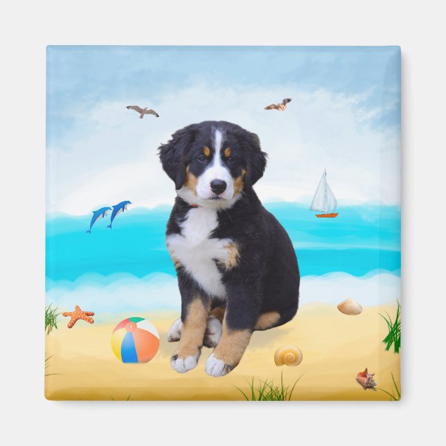 Imán Perro de montaña de Bernese en la playa (Frente)