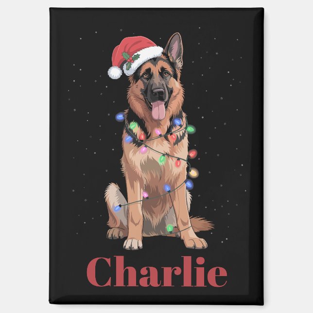 Imán Perro de Navidad Pastor Alemán con Nombre Personal (Anverso)