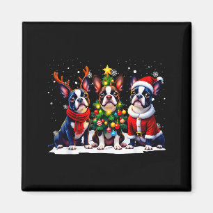 Imán Perro de Navidad Retro Boston Terrier Santa Reno