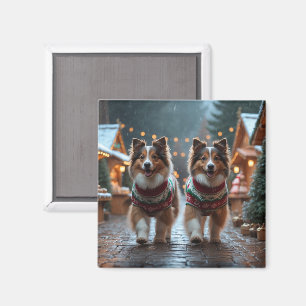 Imán Perro de pastor de Shetland Navidad Nieve Fiesta