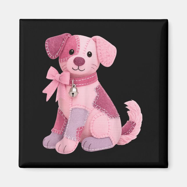 Imán Perro de patchwork cinta rosa Conciencia del cánce (Frente)