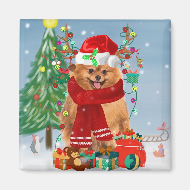 Imán Perro de Pomerania con regalos de Navidades (Frente)