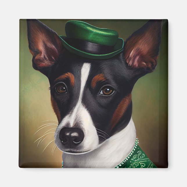 Imán Perro de Rat Terrier con vestido de San Patricio (Frente)