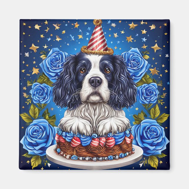 Imán Perro de raza Spaniel celebrando cumpleaños con so (Frente)