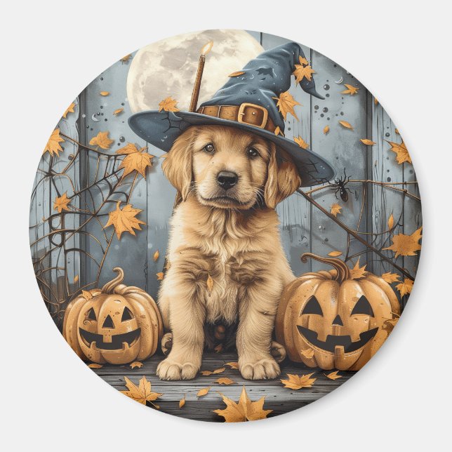 Imán Perro de Retriever Dorado de Halloween Jack O Lant (Frente)