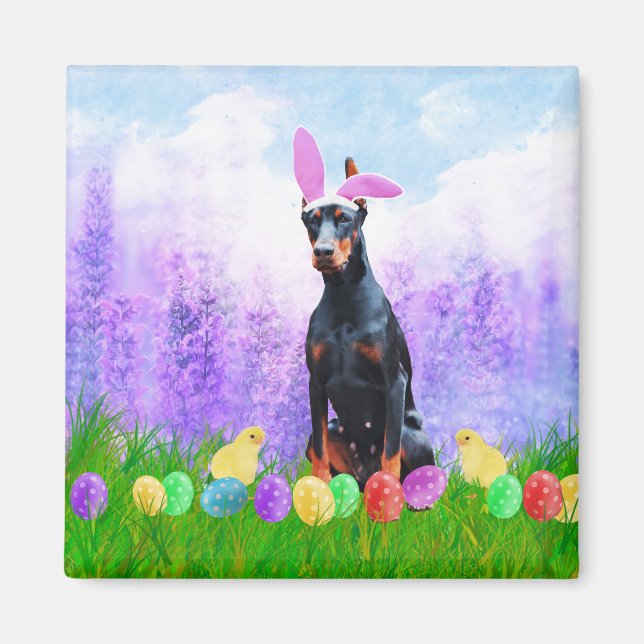 Imán Perro Doberman con huevos de Pascua y pollitos con (Frente)