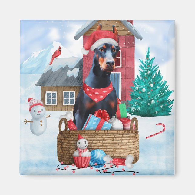 Imán Perro Doberman en casa de perros de Navidades de n (Frente)