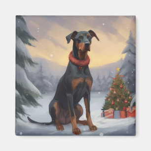 Imán Perro Doberman en Navidades de nieve