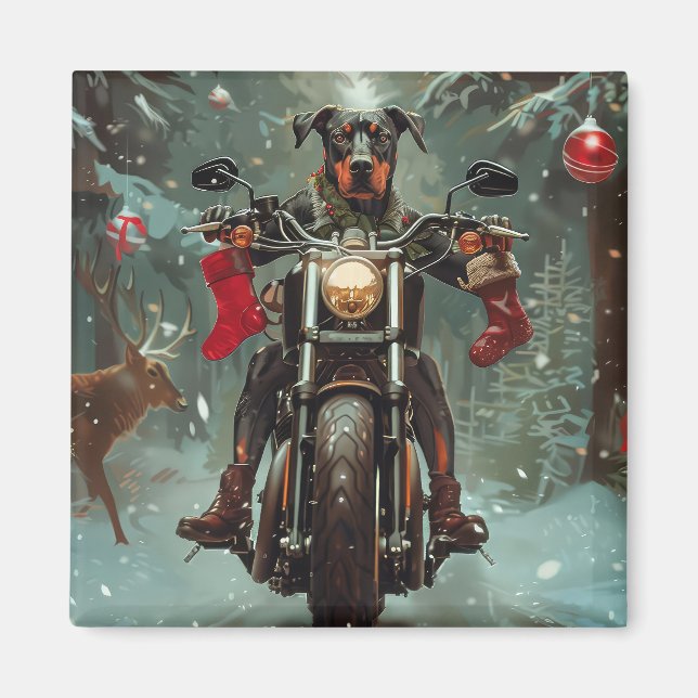 Imán Perro Doberman montando motocicleta Navidad (Frente)