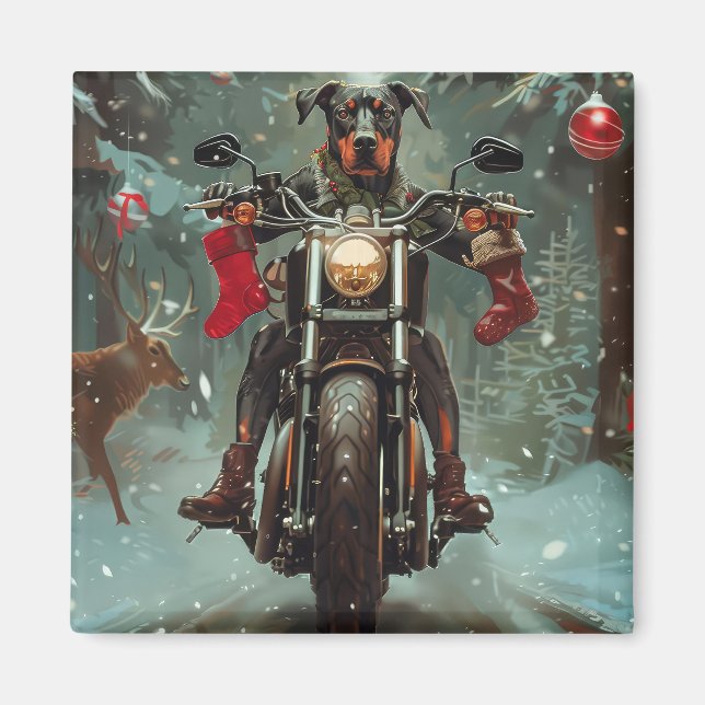 Imán Perro Doberman montando motocicleta Navidad (Frente)