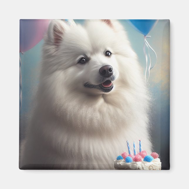 Imán perro esquimal americano con globos cumpleaños (Frente)