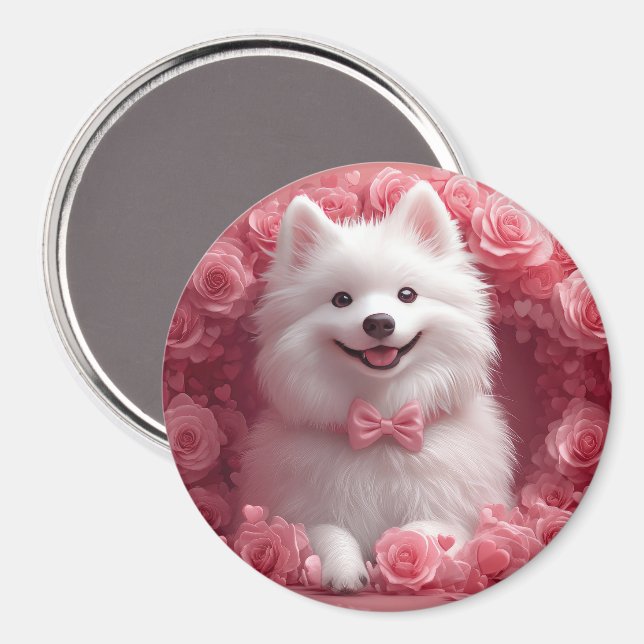 Imán Perro Esquimal Americano con Rosas - Día de San Va (Anverso/Reverso)