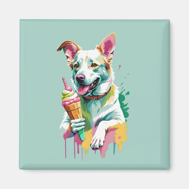 Imán Perro feliz comiendo un helado (Frente)