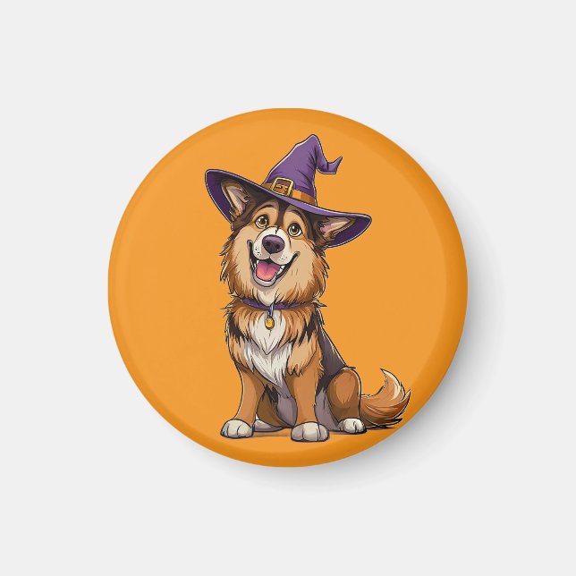 Imán Perro Feliz con un Sombrero de Bruja (Frente)