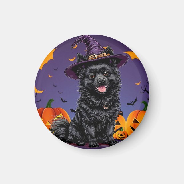 Imán Perro Feliz con un Sombrero de Bruja (Frente)