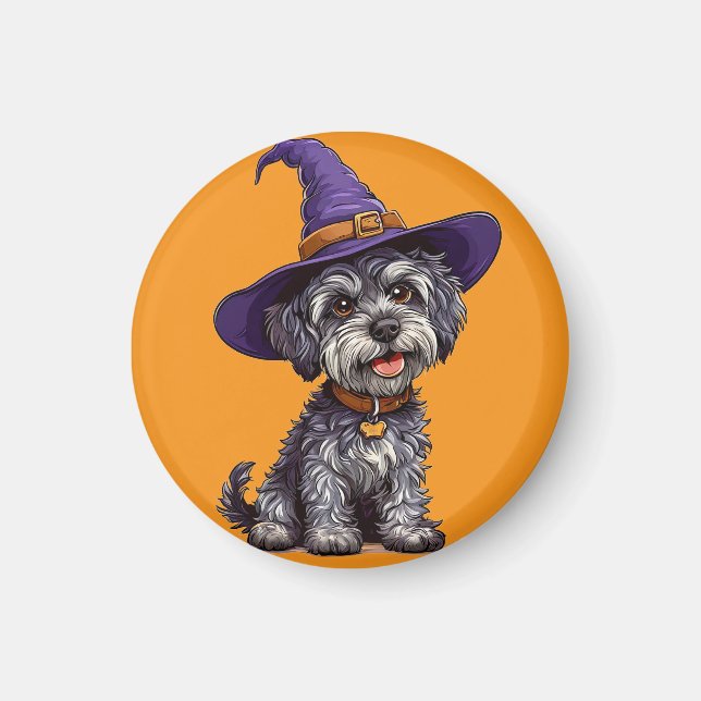 Imán Perro Feliz con un Sombrero de Bruja (Frente)