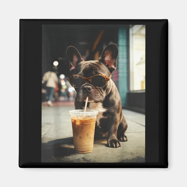 Imán Perro francés divertido bebiendo café helado perro (Frente)