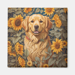 Imán Perro Golden Retriever En El Campo Del Girasol