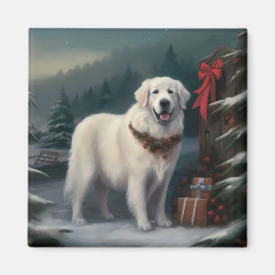 Imán Perro Gran Pirineo en Navidad con Nieve