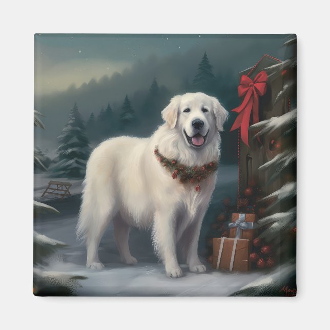 Imán Perro Gran Pirineo en Navidad con Nieve (Frente)