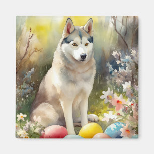 Imán Perro Husky Siberiano con festividad de huevos de 