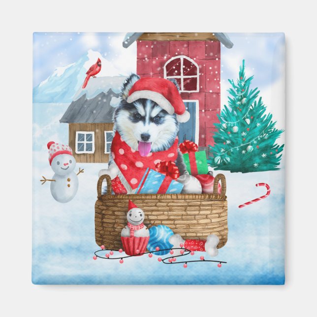 Imán Perro Husky Siberiano en casa de perros de Navidad (Frente)