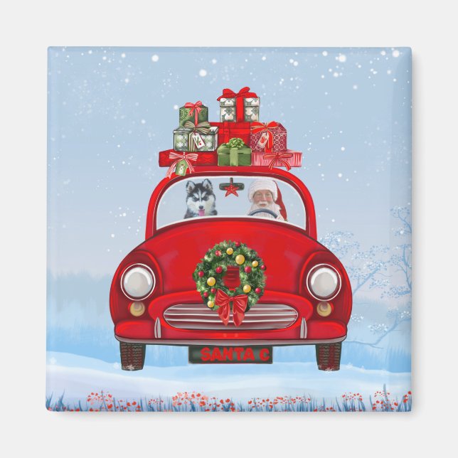 Imán Perro Husky Siberiano En Coche Con Papá Noel (Frente)