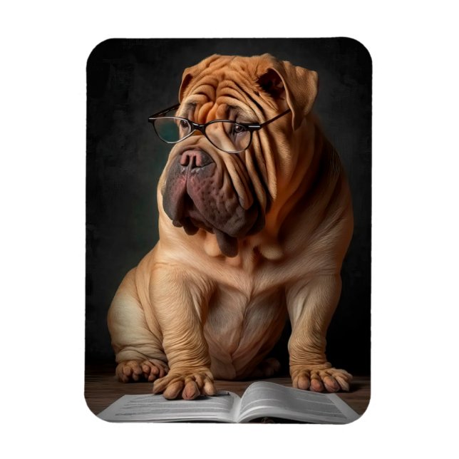 Imán Perro inteligente Shar Pei con diseño de libros (Vertical)