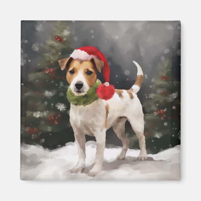 Imán Perro Jack Russell en Navidad con Nieve (Frente)