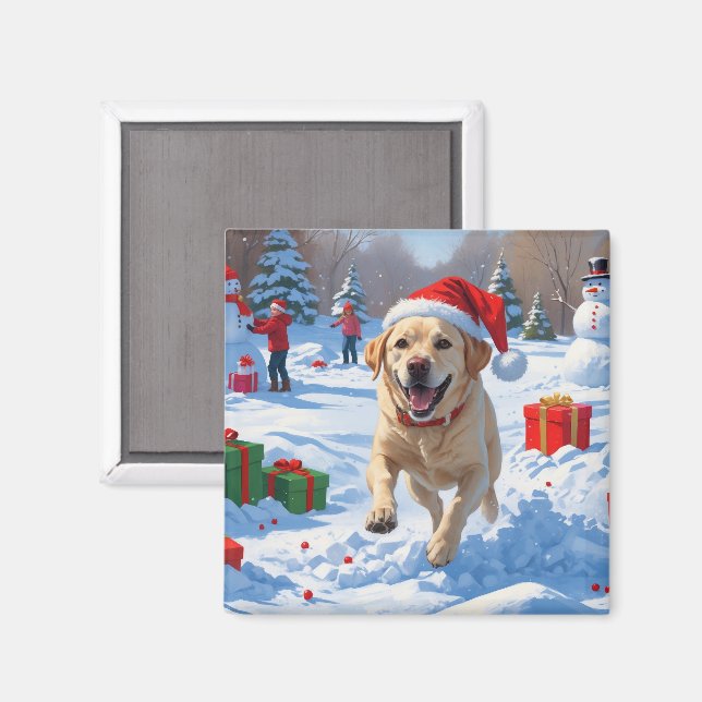 Imán Perro Labrador corriendo en la nieve con sombrero  (Anverso/Reverso)