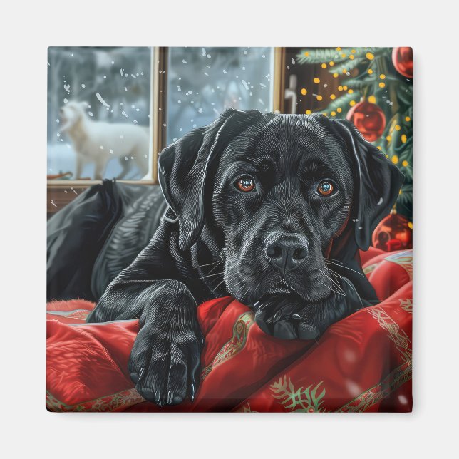 Imán Perro Labrador Negro Navidad Festiva (Frente)