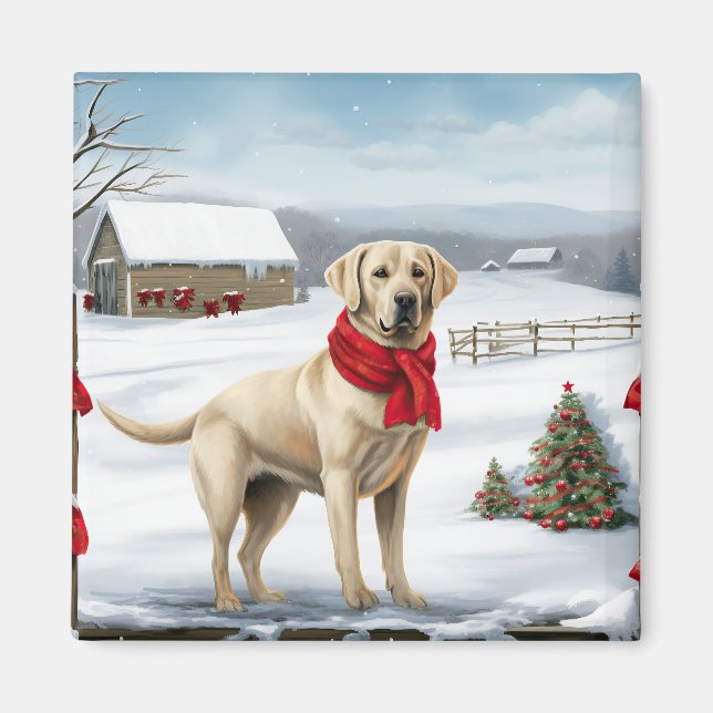 Imán Perro Labrador Retriever en la nieve Navidad (Frente)