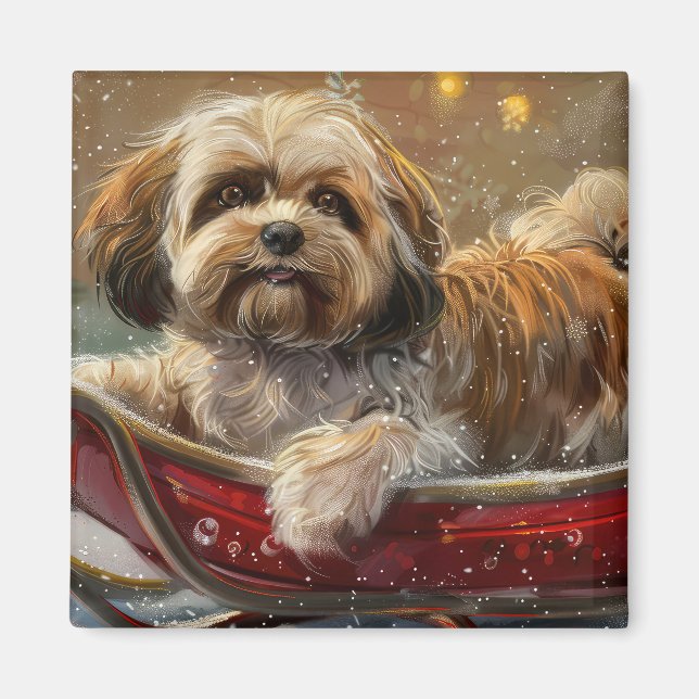 Imán Perro Lhasa Apso Festividad de Navidad (Frente)