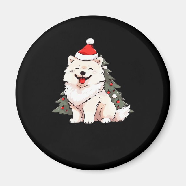 Imán Perro lindo vestido con sombrero de Papá Noel y cá (Frente)