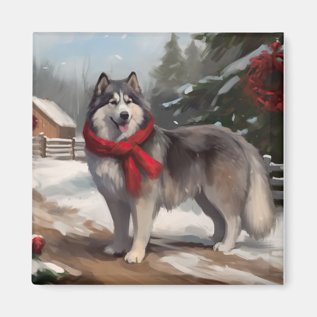 Imán Perro Malamute de Alaska en Navidad con nieve (Frente)