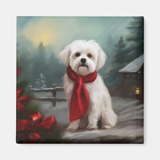 Imán Perro maltés en Navidad con nieve (Frente)