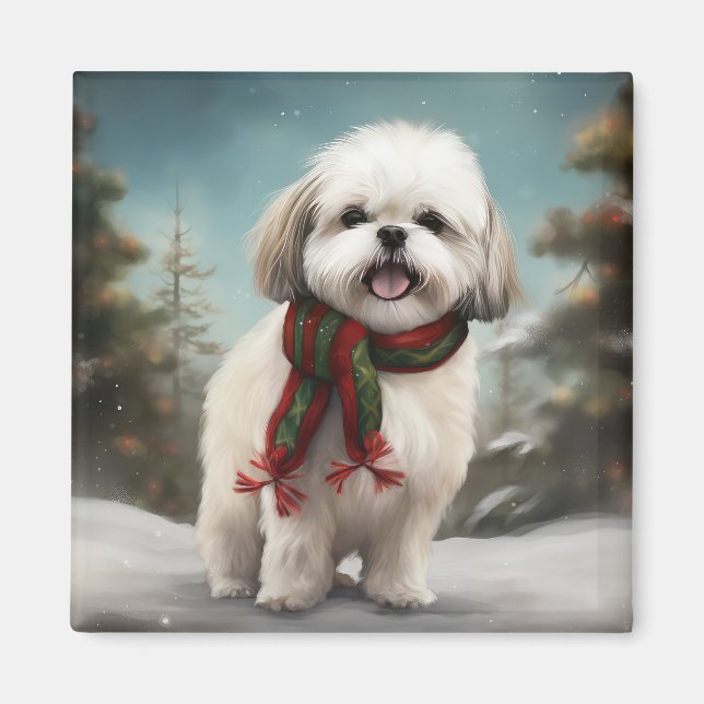 Imán Perro Malti Tzu en Navidad con Nieve (Frente)
