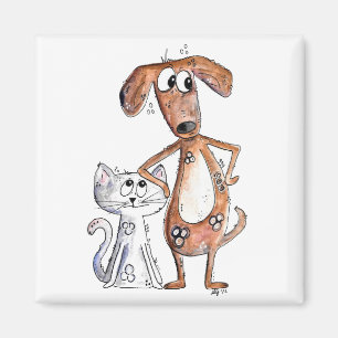 Imán Perro marrón alegre y gato gris