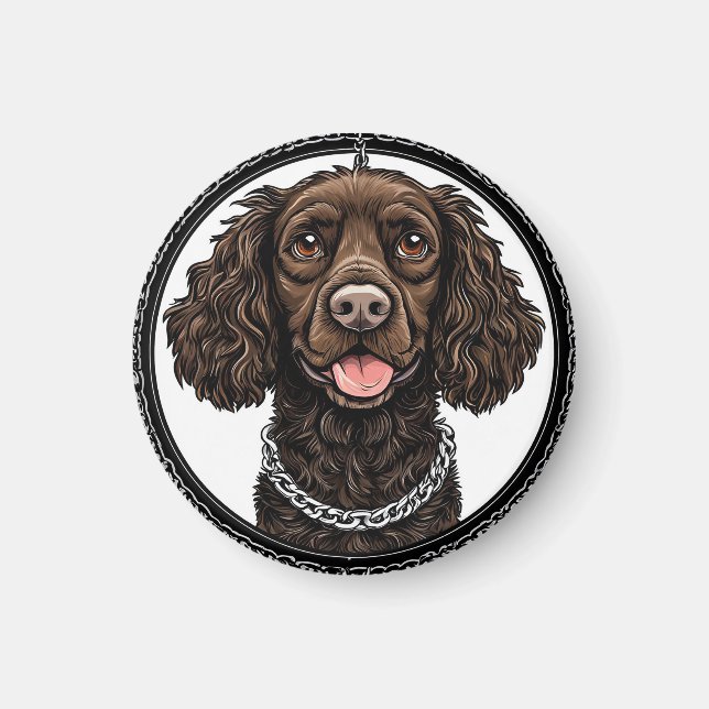 Imán Perro marrón con una cadena y círculo decorativo (Frente)