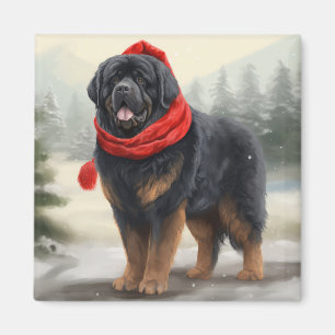 Imán Perro Mastín Tibetano en Navidad con Nieve